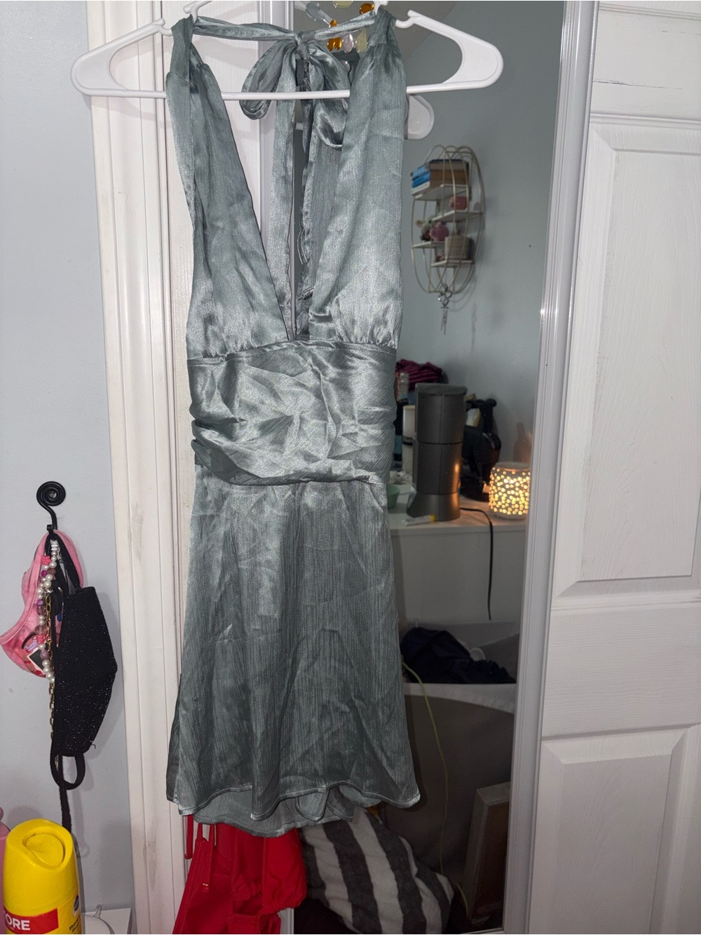 Cider Halter Satin Dress in Sage Green